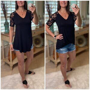 Lace Short Sleeve Rounded Bottom Rose Black 1721